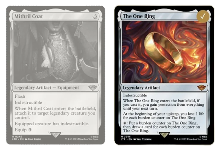A missing card shown in grey next to an owned card in full colour with a gold seal
